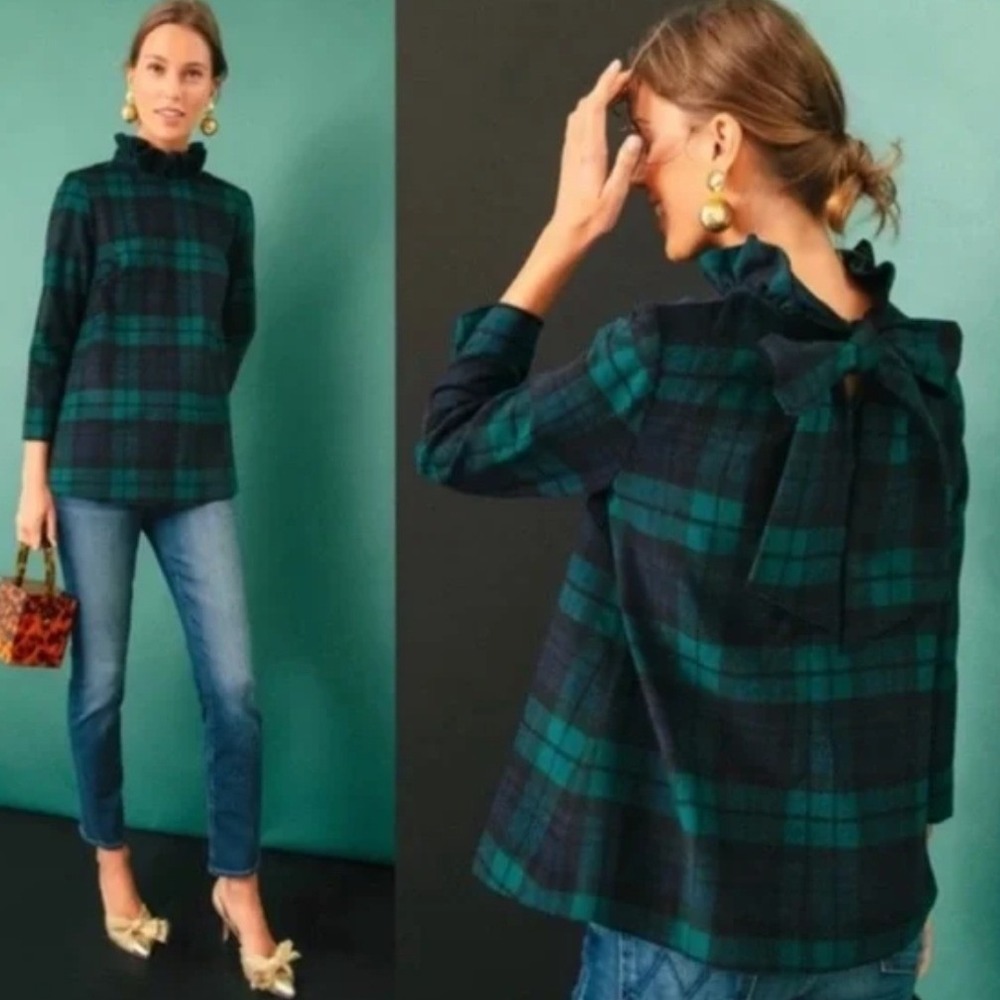 Tuckernuck Blackwatch Faye Plaid Wool Ruffle Neck Bow Back Blouse Top Size S NWT